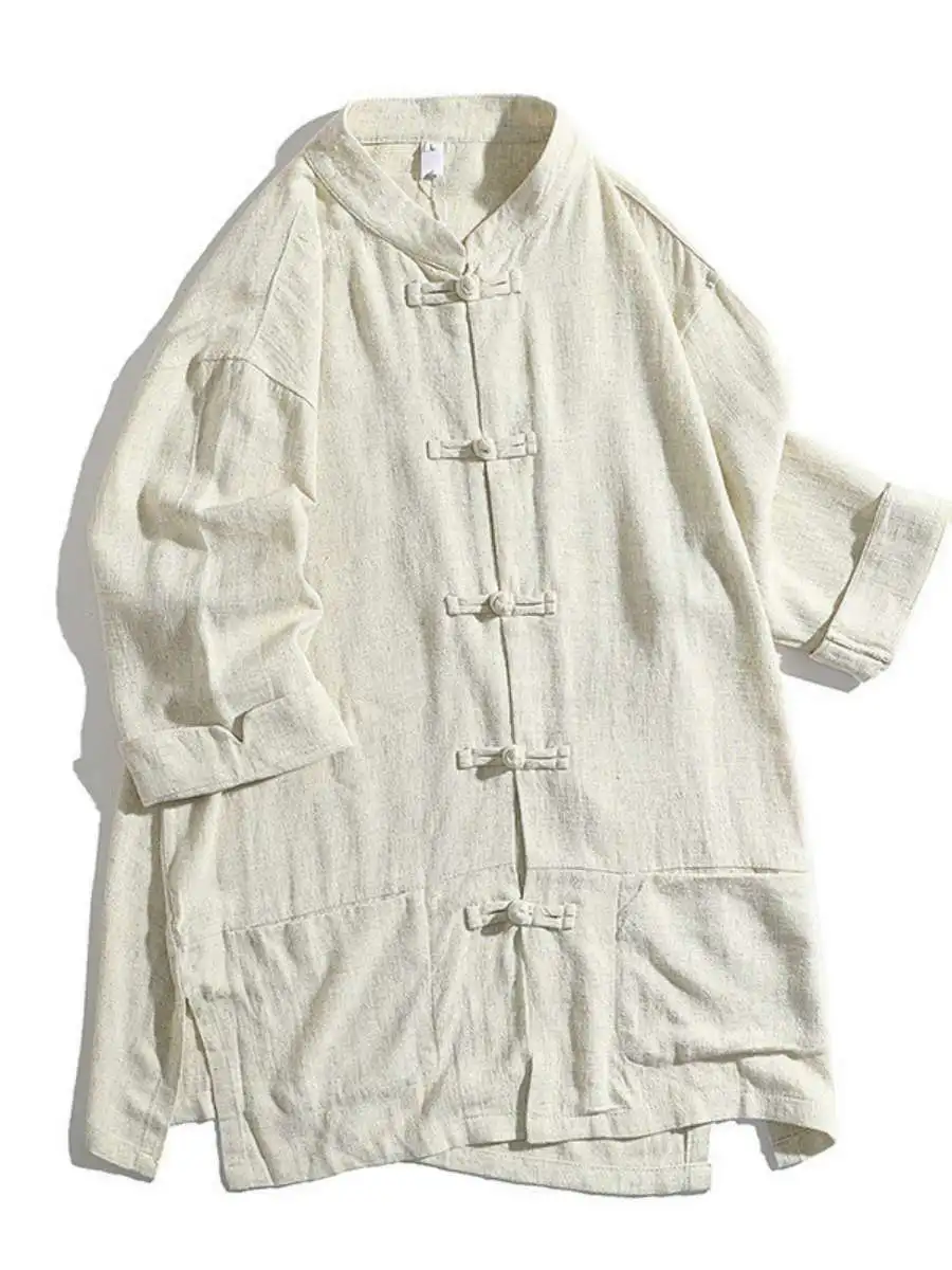 

New Men's Linen Shirt Summer Loose Seven-Quarter Sleeve Button-Up Chinese Style Large Size Tang Costume Casual Travel Wear