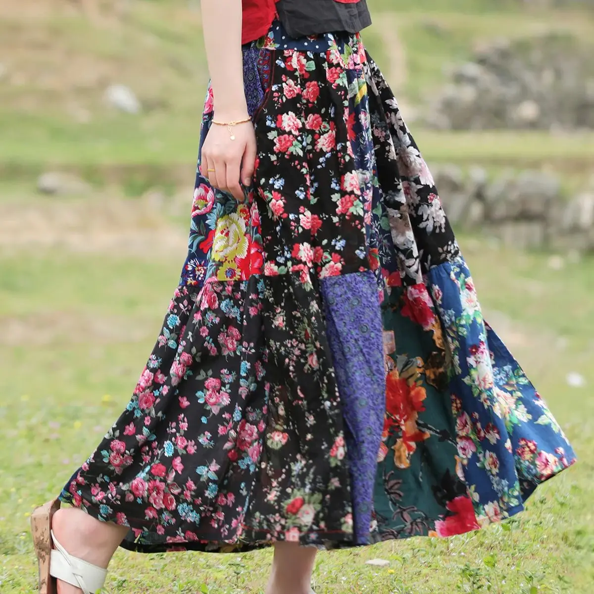 تنورة LZJN للسيدات صيفية مرقعة من القطن بنمط عرقي، خصر مرن، متعثرة، نصف تنورة مريحة، نمط عطلة الشاطئ #4