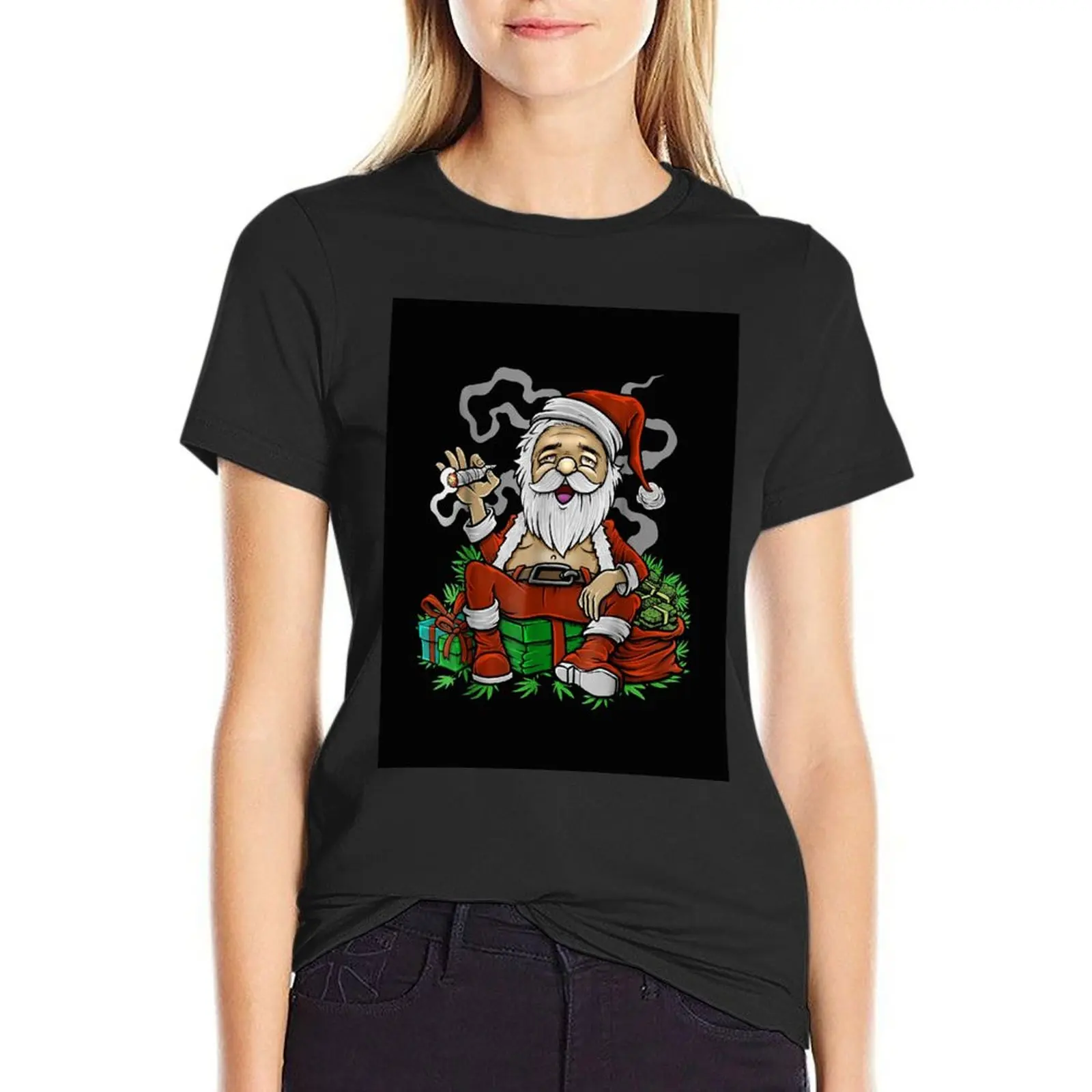 Stoned Santa - Stoner Christmas Greeting cards T-Shirt oversized female cute clothes Women's summer blouses 2024