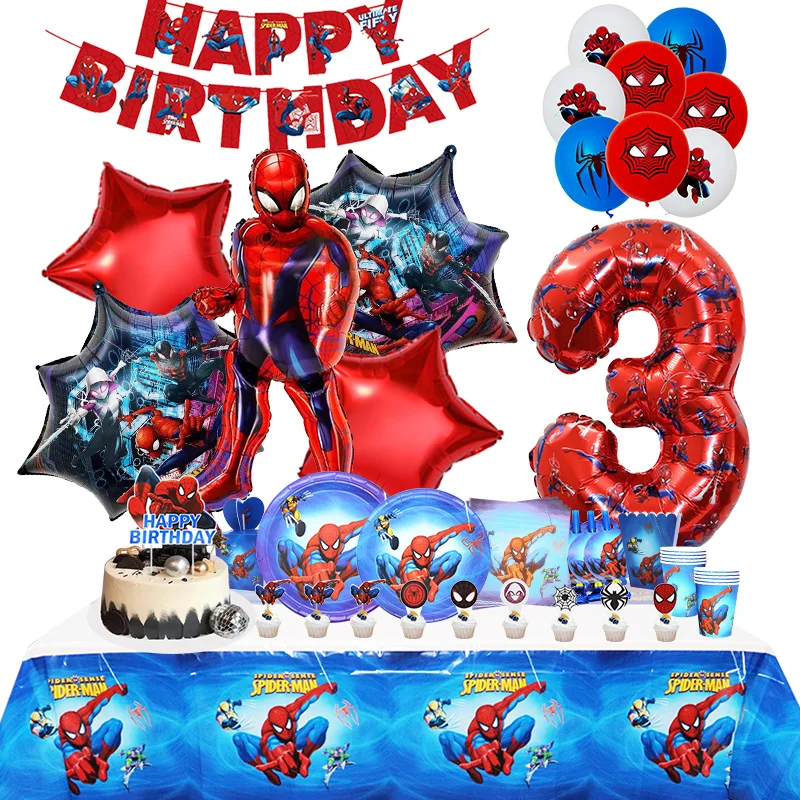 Décoration de fête d'anniversaire Spiderman pour enfants, ballon en film d'aluminium en latex, bannière de poulet, serviette, tasse, assiette, ustensiles de cuisine, fournitures rigour