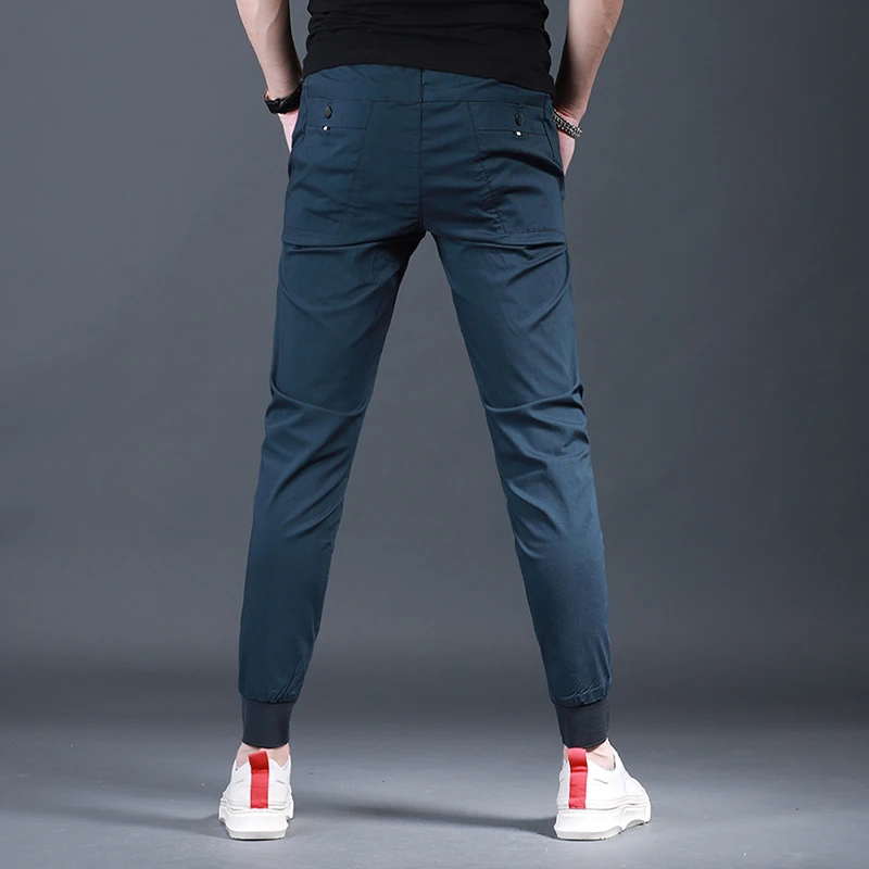 Men\'s Slim Fit Elastic Waist Black Pencil Pants Summer Fashion Casual Sport Drawstring Jogging Trousers