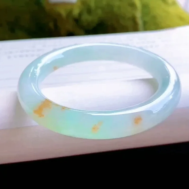 Liufurui Jewelry Natural Burmese , Icy with Flower Pattern, Round Bangle, Sun Green Jadeite Bracelet