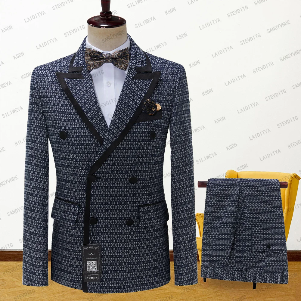 

2023 New Men Casual Boutique Business Slim Blue Reto Classic Pattern Double Breasted Formal Suit 2 Pcs Set Dress Jacket Pants