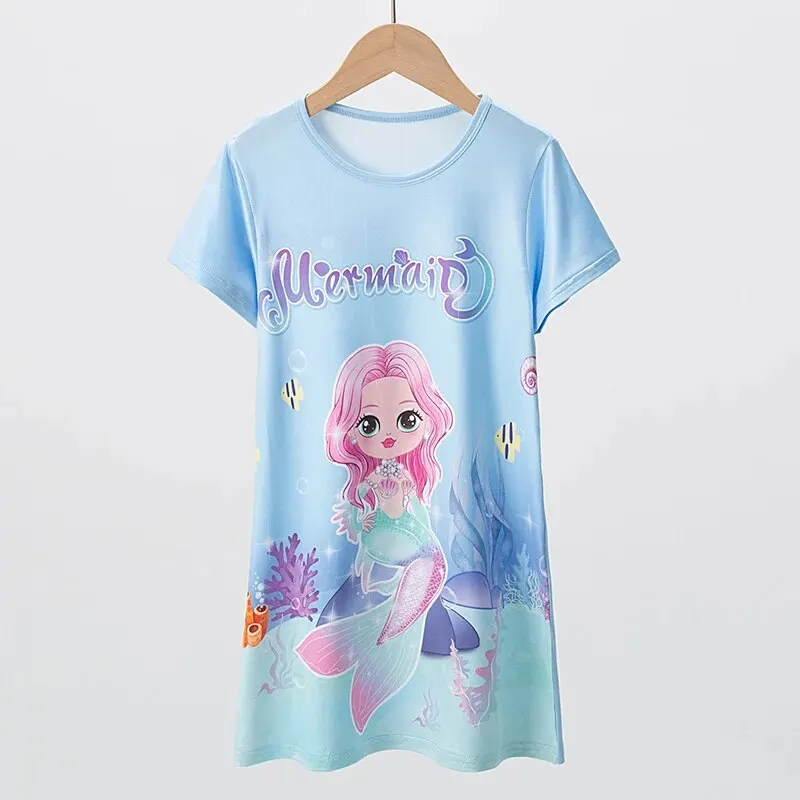 Summer Girl Ice Silk Dress Girl plus Size Cute Mermaid Pattern Leisure and Knee Skirt Home Skirt