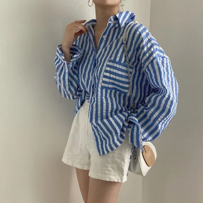 Neploe Korean Chic Fresh Design Sense Blouse Women Single-Breasted Striped Shirt 2024 Autumn Temperament Lapel Collar Blusa