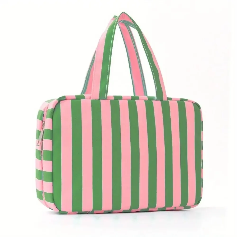Portable Hanging Travel Toiletry Bag 4-Fold with Hook Makeup Bag Large Capacity Striped Cosmetic Bag Travel