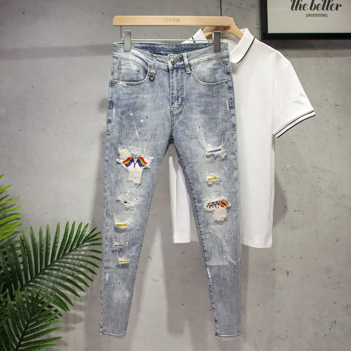 

2025 Spring Autumn New Light-colored Slim Elastic Jeans for Men Trendy Painted Polka Dot Men's Feet Casual Hole Male Jeans Pants