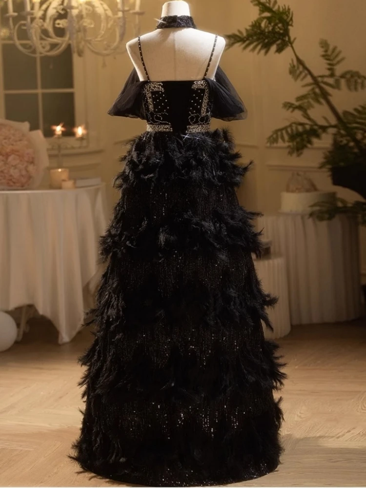 Tatsächliches Bild Gothic schwarz Abend garderobe Abendkleid V-Ausschnitt Kristall feder eine Linie Frauen Hochzeits feier Kleider Abschluss ball Anlass