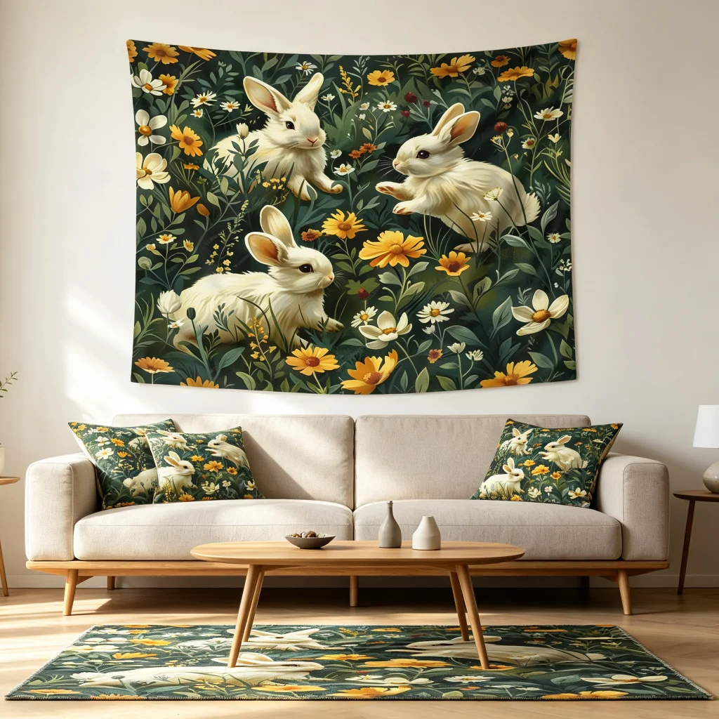 1PC White Bunnies Wildflower Oil Art Print Backdrop Banner, Bedroom Living Room Photo Background, Polyester, Home Decor, Wall Ar