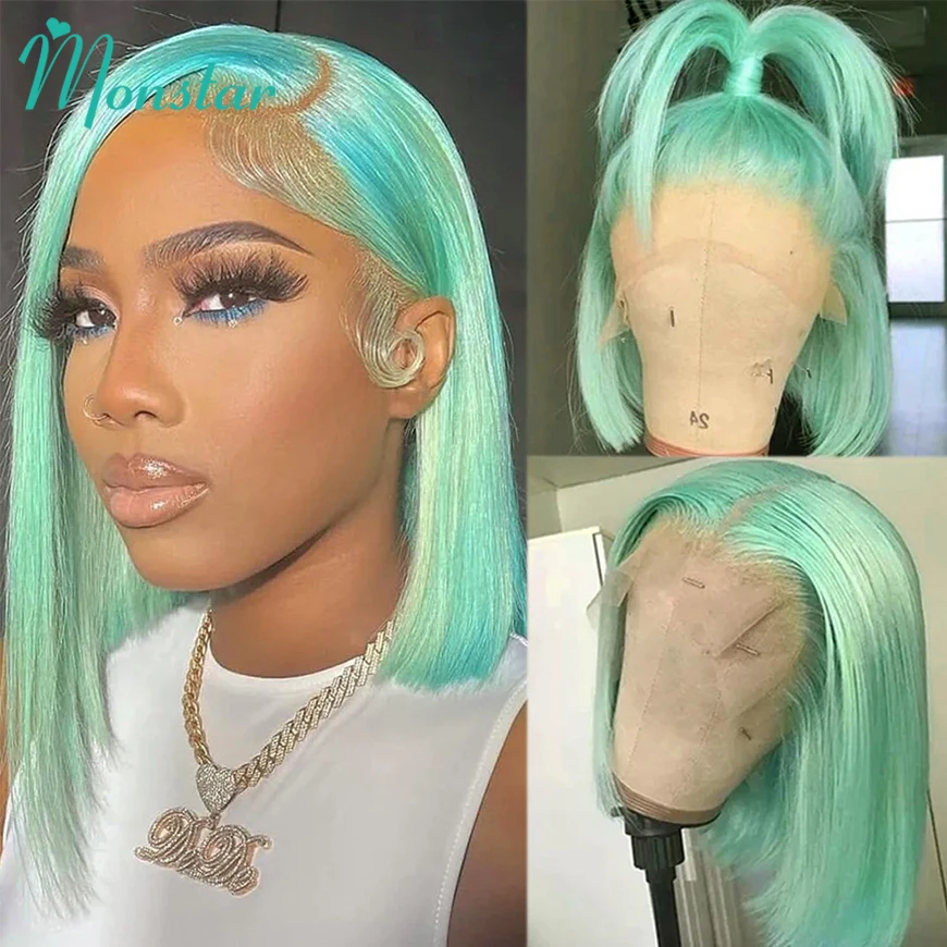 

Mint Green Bob Wig Human Hair 100% Brazilian Remy Straight 13x6 Hd Lace Frontal Wig Short Colored Human Hair Wig 200 250 Density