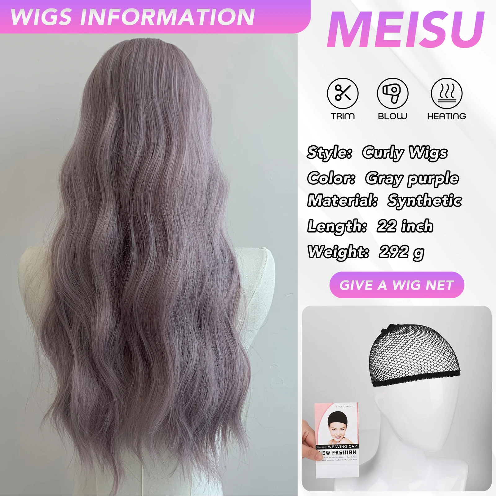 MEISU Water Curly Wave Wigs Air Bangs Grey Purple 22 Inch Fiber Synthetic Wigs Heat-resistant Natural Party or Selfie For Women