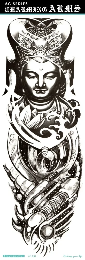 Rocooart Buddha Full Arm Temporary Tattoo Stickers For Men Body Art Sleeve Tattoo Decals Girl Women Waterproof Tatoo Black Totem