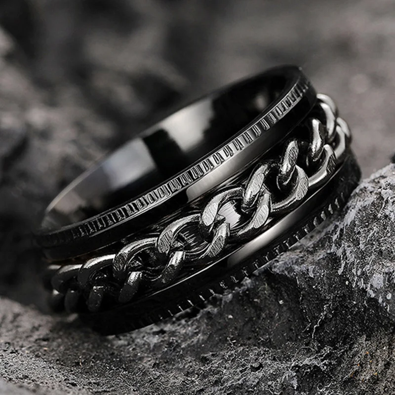 

Stainless Steel Rotatable Chain Fidget Spinner Ring for Men - Stress Relief Band Jewelry Anillos De Hombres