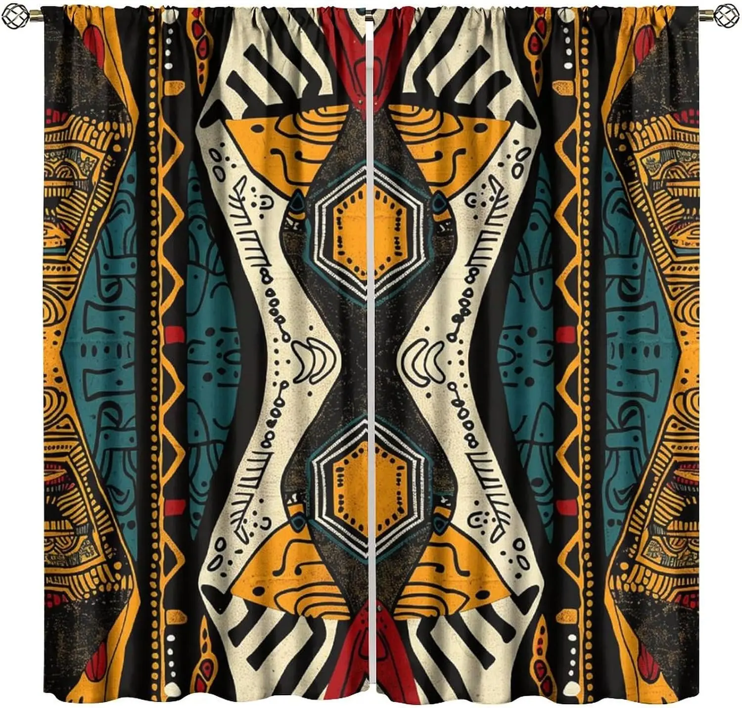 African Tribal Geometric Ethnic Print Blackout Rod Pocket Curtain Vintage Yellow Teal Boho Decor Living Homestay Bedroom Rest