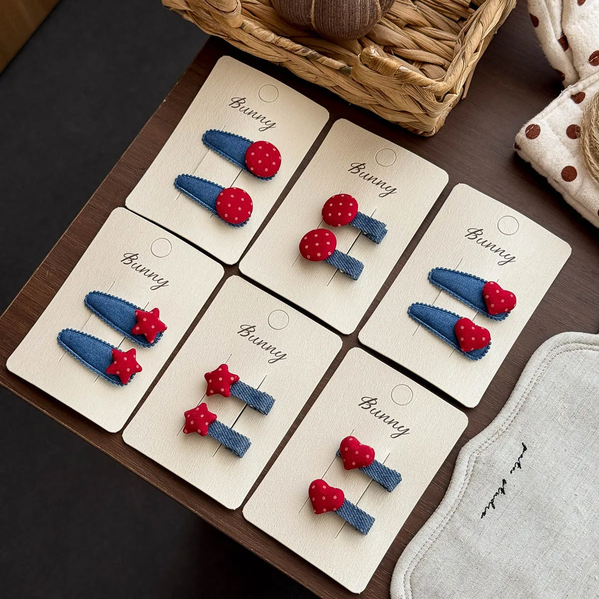 Hair Clips Red Blue Denim Polka Dot Heart Pattern Premium Soft Fabric Girls Hair Accessories No Hurt Hair for Bangs and Broken