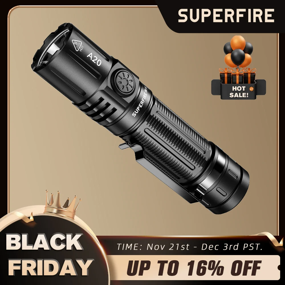 SUPERFIRE A20 Tactical Flashlight 2000LM Powerful LED USB C Rechargeable Torch 21700 with Memory Function, SST40 Outdoor Light