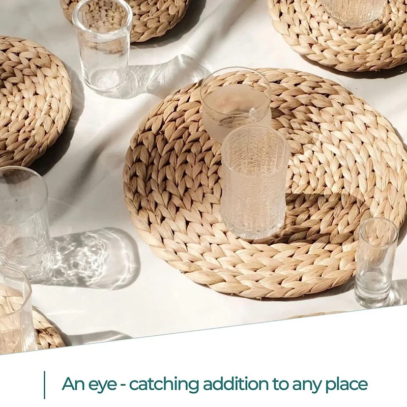 Round Woven Placemats, Natural Water Hyacinth Placemats, Braided Straw Rattan Table Mats 6Pack