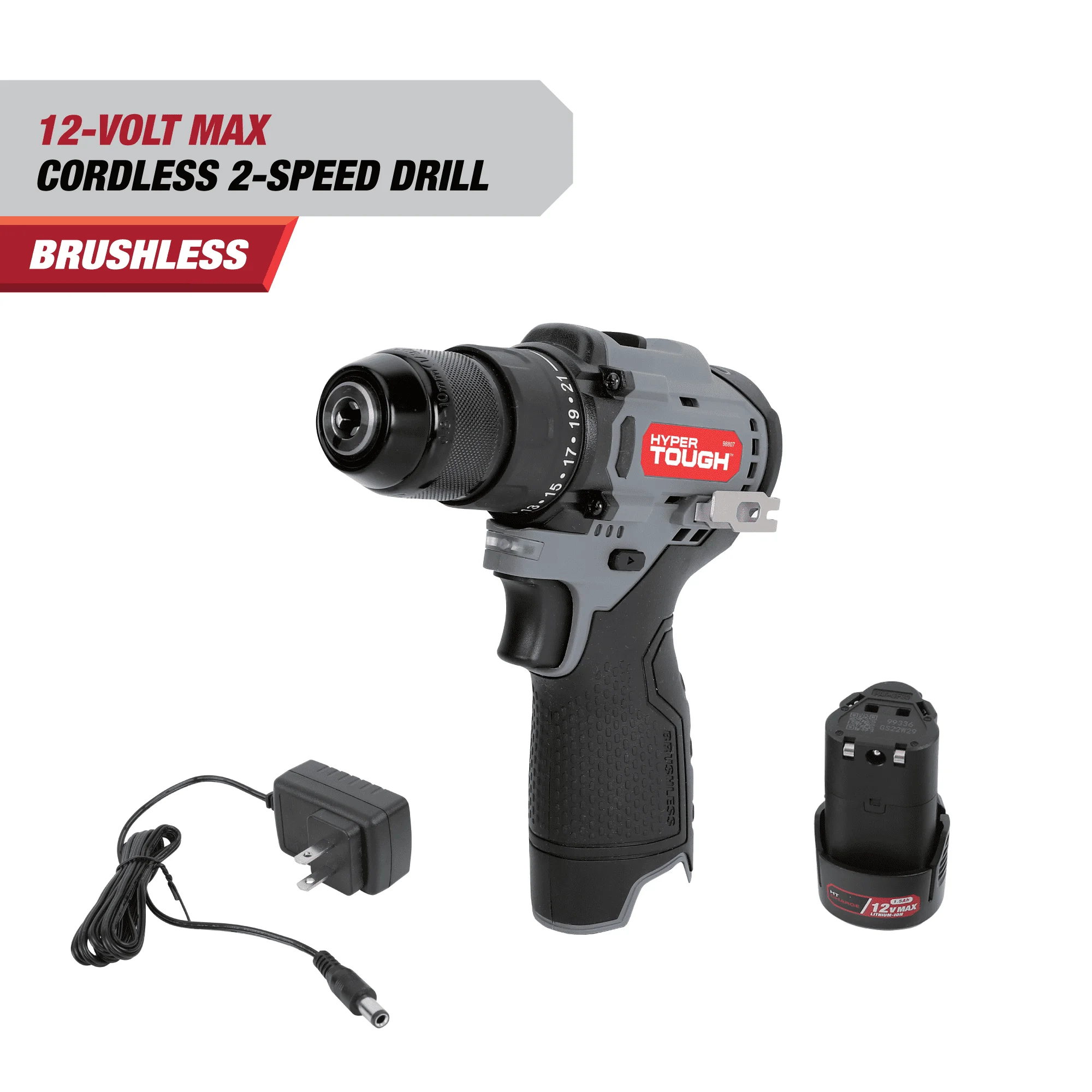 

Hyper Tough 12V Max Lithium-Ion Brushless 2-Speed 3/8-inch Drill Driver with Metal Keyless Chuck, 1.5Ah Battery & Charger