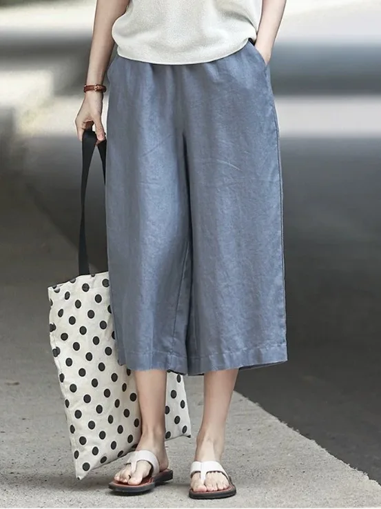 Authentic Summer Cotton Linen Wide Leg Seven-Foot Pants Retro Artistic Straight Casual Trousers Ladies High Waist Comfortable