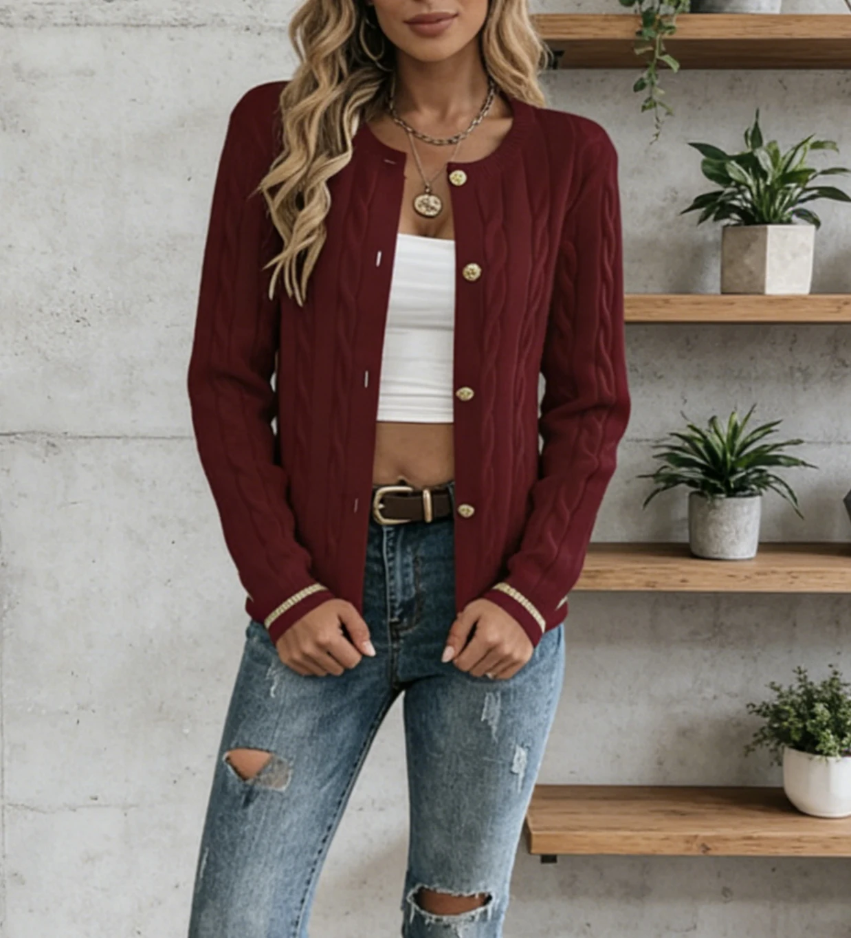 

Бордовый женский вязаный кардиган, элегантный и модный топ с длинными рукавами, подходит для поездок на работу.