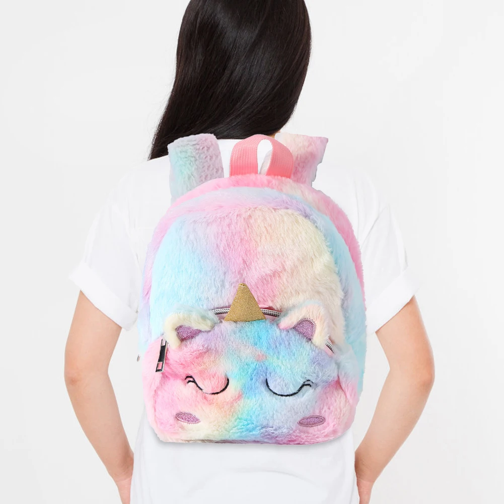 Unicorn Plush Girls Small Backpack Cartoon Kawaii Soft Fur Schoolbag Fashion Gradient Color Casual Simple Portable Children Gift