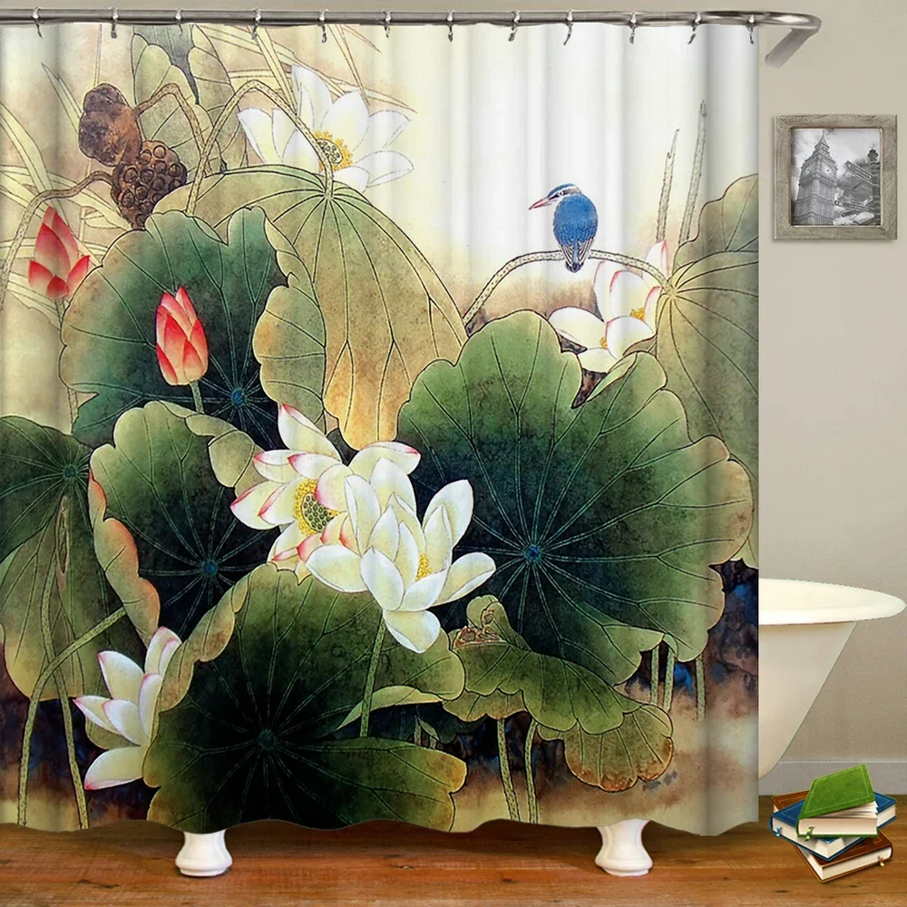 Chinese Floral Birds Green British Style Shower Curtain with Hooks Mint Light Green Turquoise Teal Butterfly Bathroom Curtains