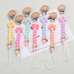 Beech Wood Round Pacifier Holder Clip Cartoon Bow Silicone Beads Teething Chain For Baby Soother Pacifier Chain Nursing Chew Toy