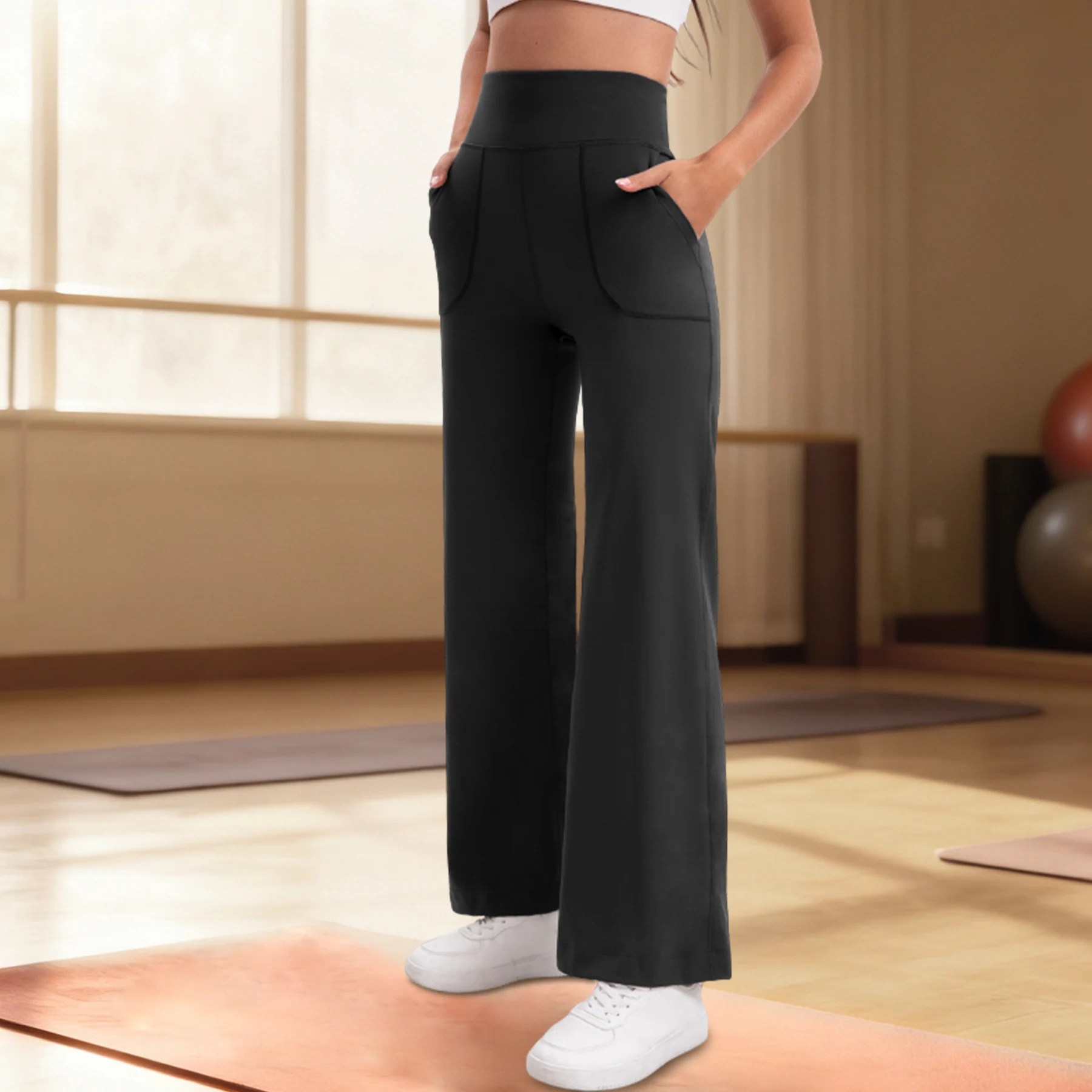 Damen High-Waist Flared Yoga-Hose mit Bauchkontrolle, M-Linie, Po-Lifting, zwei Taschen, dehnbar, weich, fließend, für Workout & Büro – Detail 9