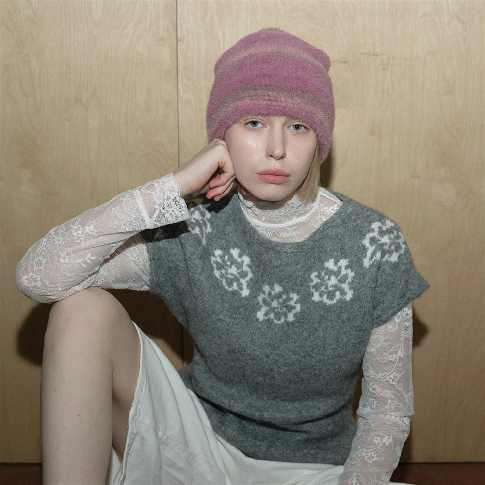Women's Winter Striped Knitting Hat Unisex Ear Protection Retro Warm Cap Korean Version Big Head Wrap Hats Clothing Accessories view 5