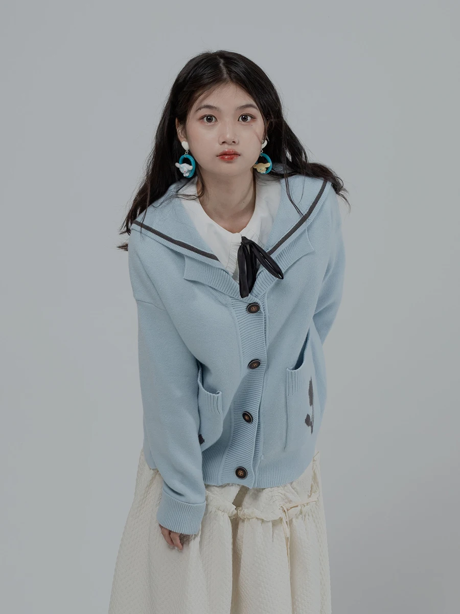 

Pinkdog Tulip Knitted Cardigan Thiened Sailor Collar Autumn Winter New Sle Women's Loose Fit Knitted Coat Pure Color