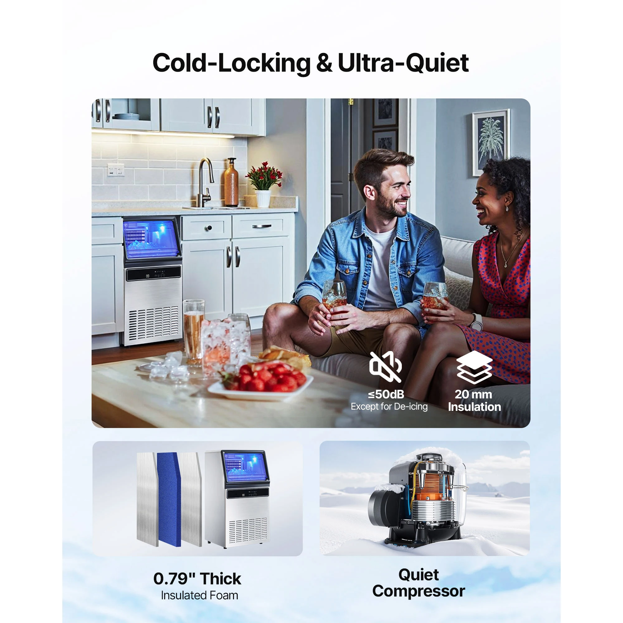 เครื่องทำน้ำแข็งเชิงพาณิชย์ SucceBuy ขนาด 130 ปอนด์/24 ชั่วโมง พร้อมที่เก็บน้ำแข็ง 33 ปอนด์ ผลิตน้ำแข็งได้ 45 ก้อนต่อรอบ ทำจากสแตนเลส แบบตั้งพื้น สำหรับใช้ในบ้าน