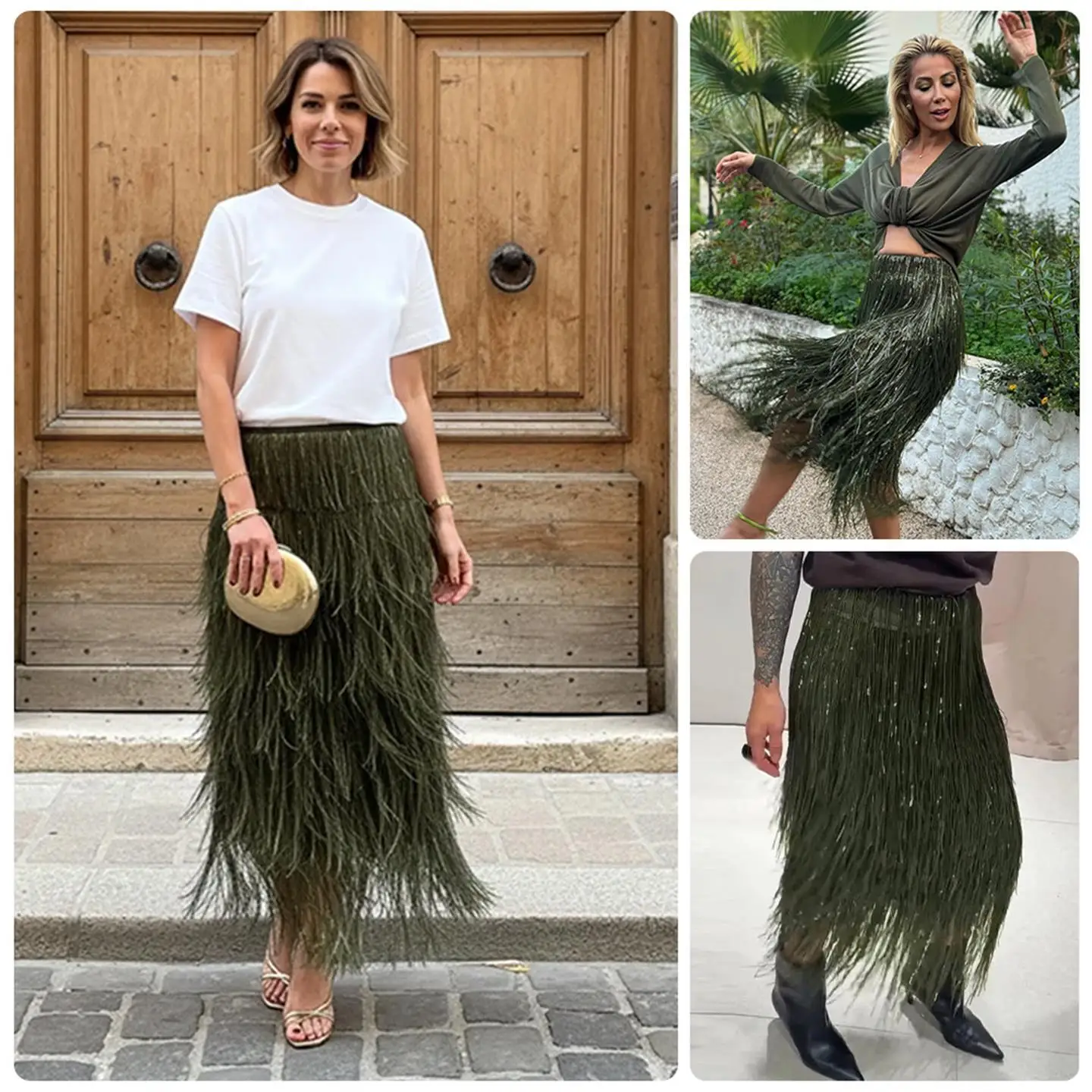 Spring 2026 Olive Green Tassel Semi-Long High Waist Women's Skirt Fashionable Decorative Tassel mid Waist Straight Cut Skirt