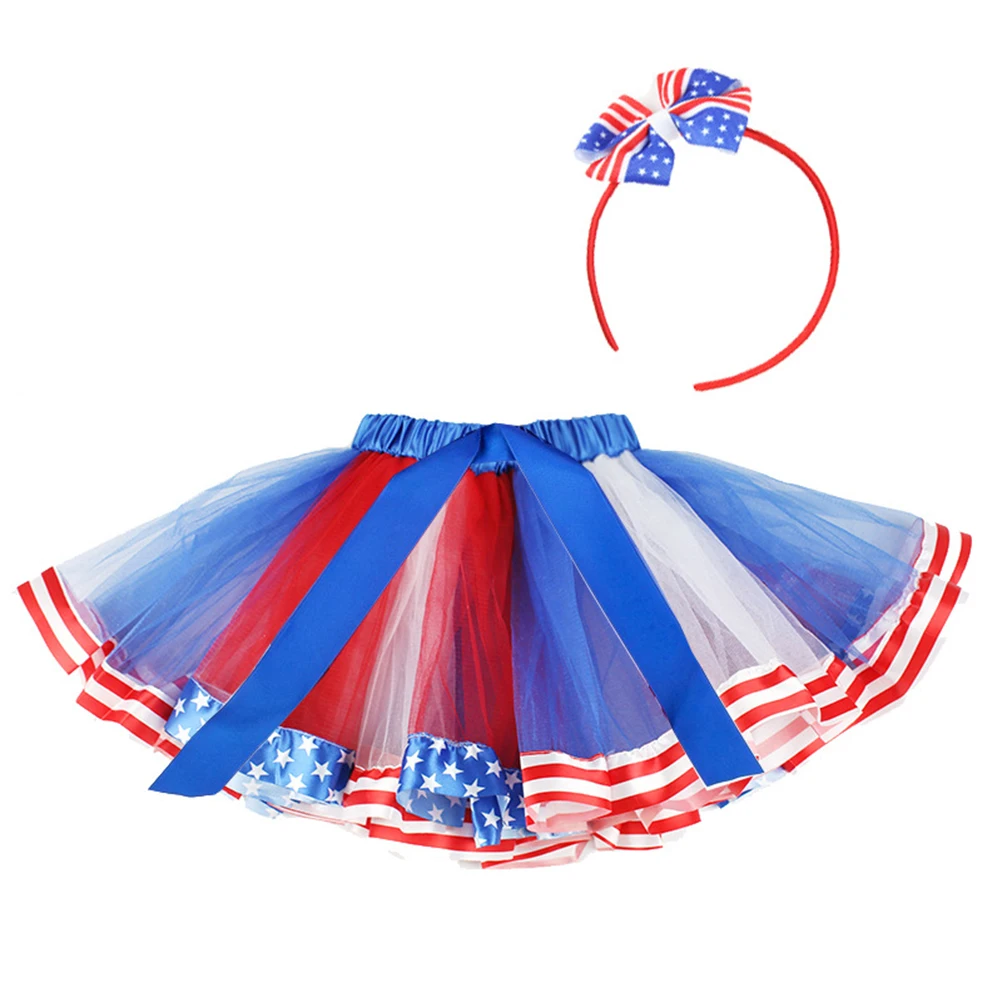 

2Pcs Flag Printed Mesh Skirt Fashion Women Dress Elastic Waist Party Dress for Independence Day Size L(Skirt+Hairhoop)