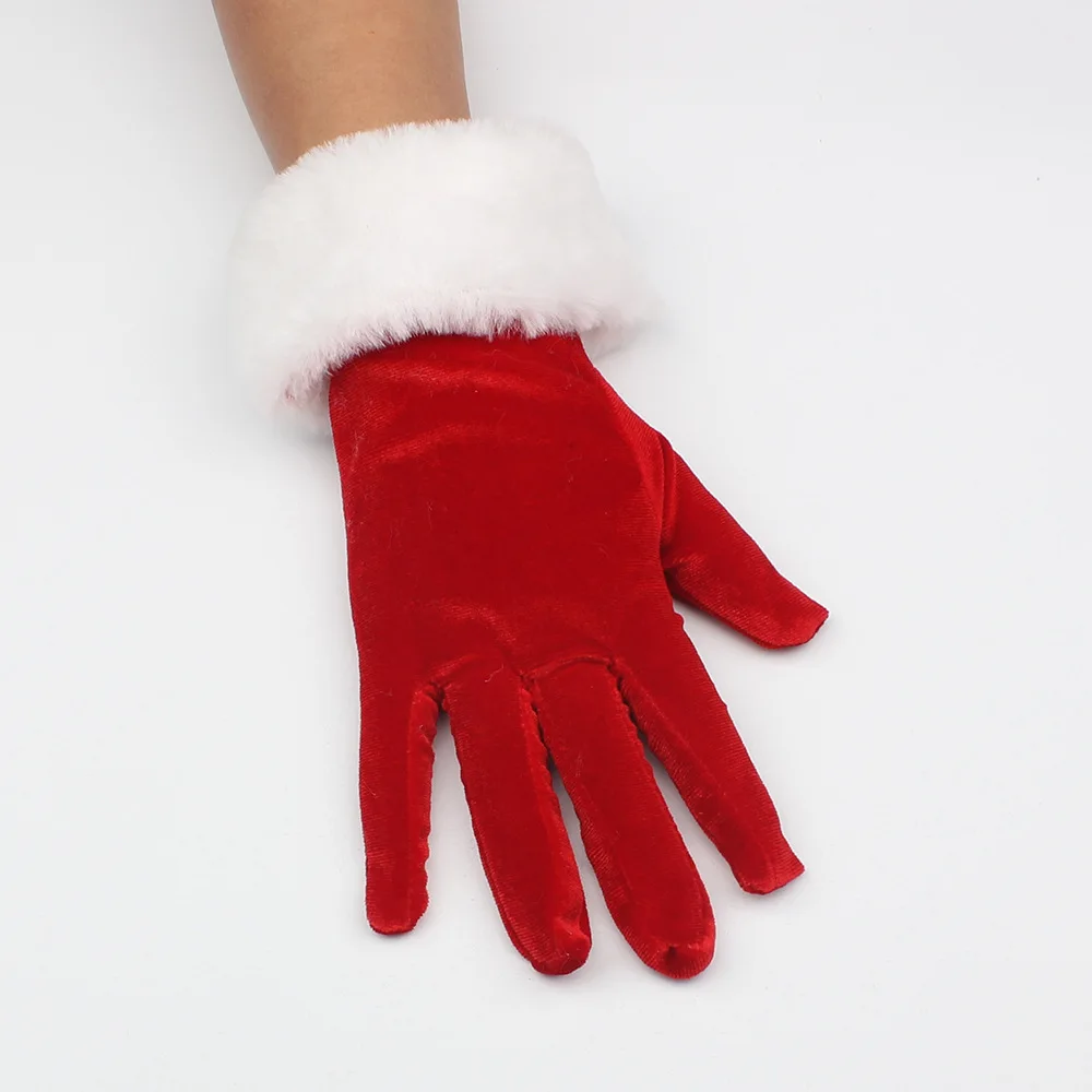 Christmas Evening Stage Performance Etiquette Gloves Cosplay Short White Feathers Red Velvet Mittens Women Autumn Winter Warm