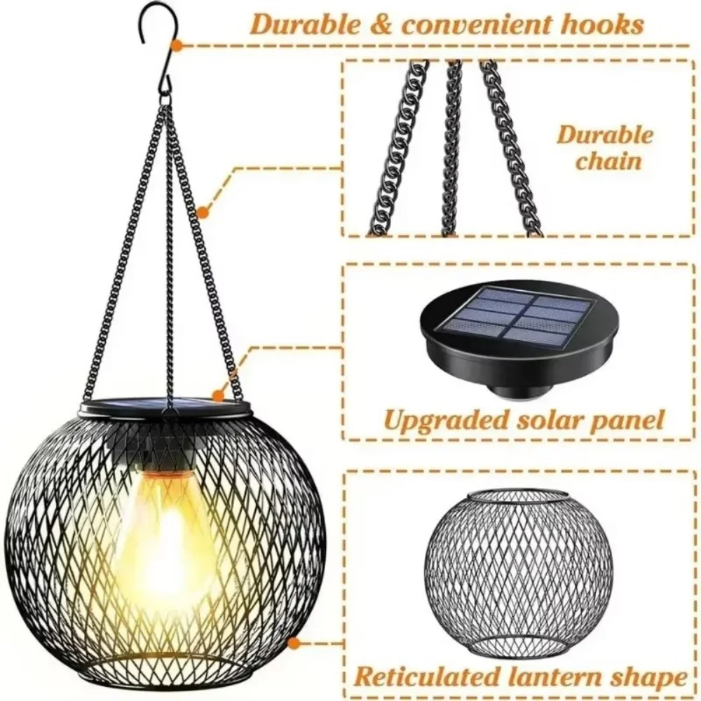 Solar Lantern Iron Art Outdoor Spherical Hanging Waterproof Solar Lights Modern Minimalist Style for Outside Garden Decorative