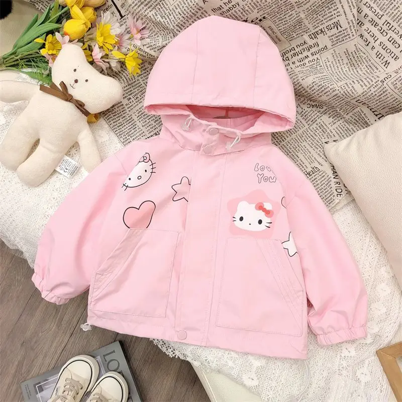 Sanrio Girl Hooded Coat Child Baby Cute Sweet Hello Kitty Cartoon Printing Spring Autumn Light Thin Leisure Fashion Windbreaker