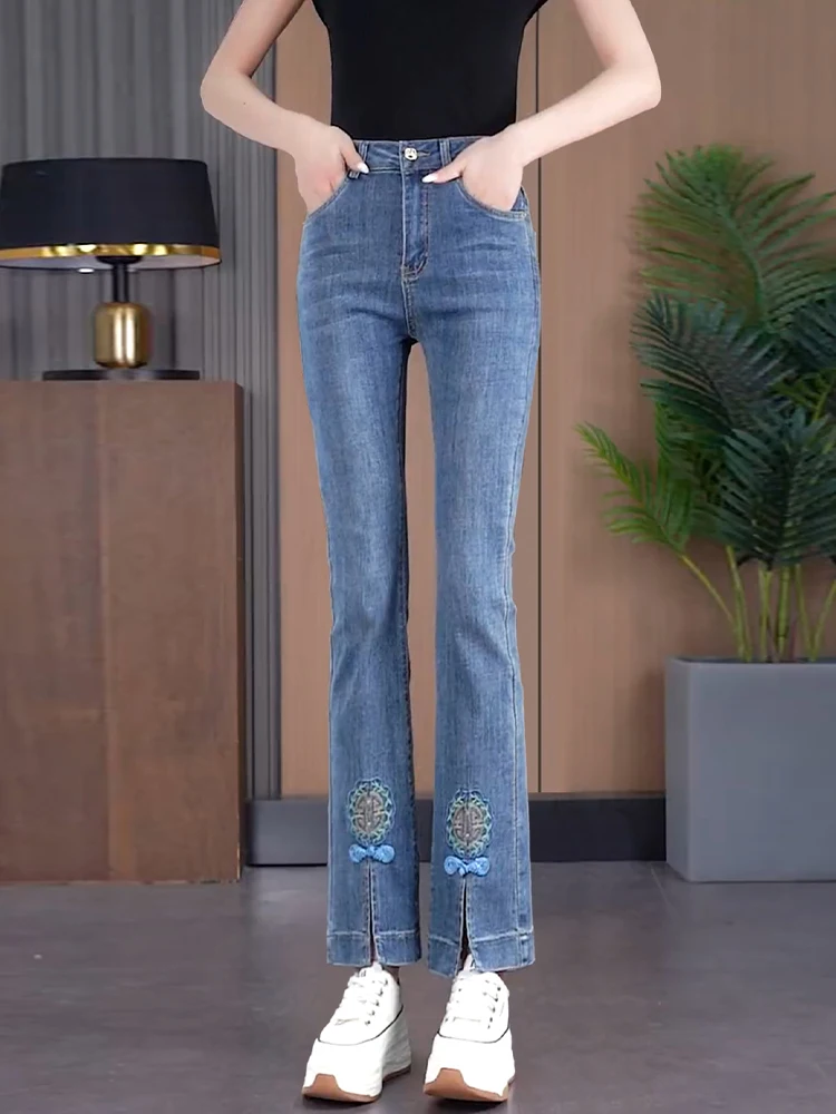 

Джинсы-клеш с высокой талией, укороченные, женские, летние, тонкие, новая модель, маленький размер, микро-клеш, из смесового хлопка и полиэстера, деним