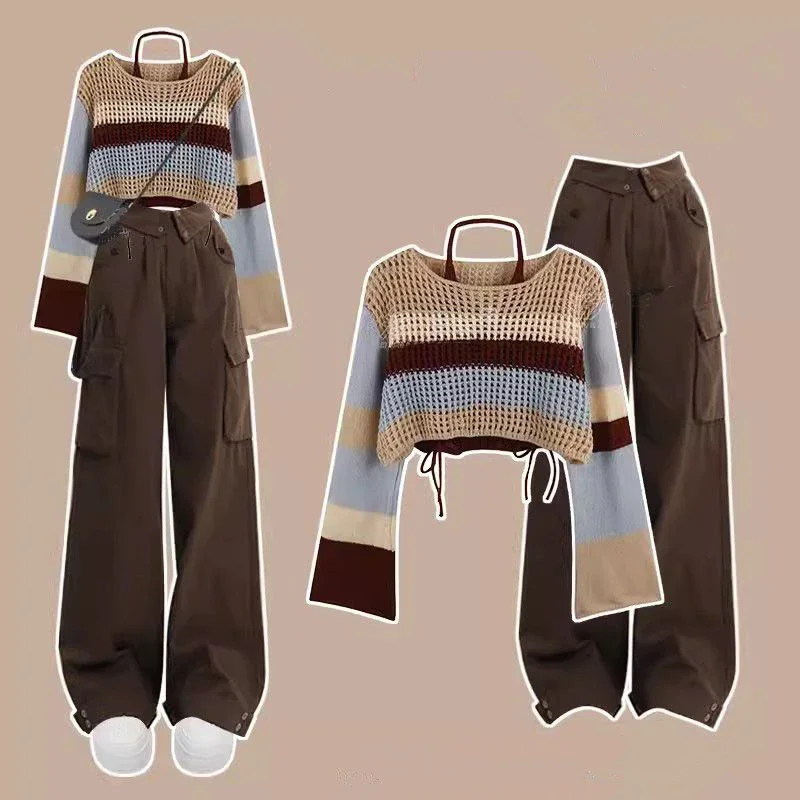 Women Autumn Personality Patchwork Knit Crop Tops Sling Cargo Pants 1 or 3 Piece Set Hotsweet Hollow Out Sweater Trousers Outfit