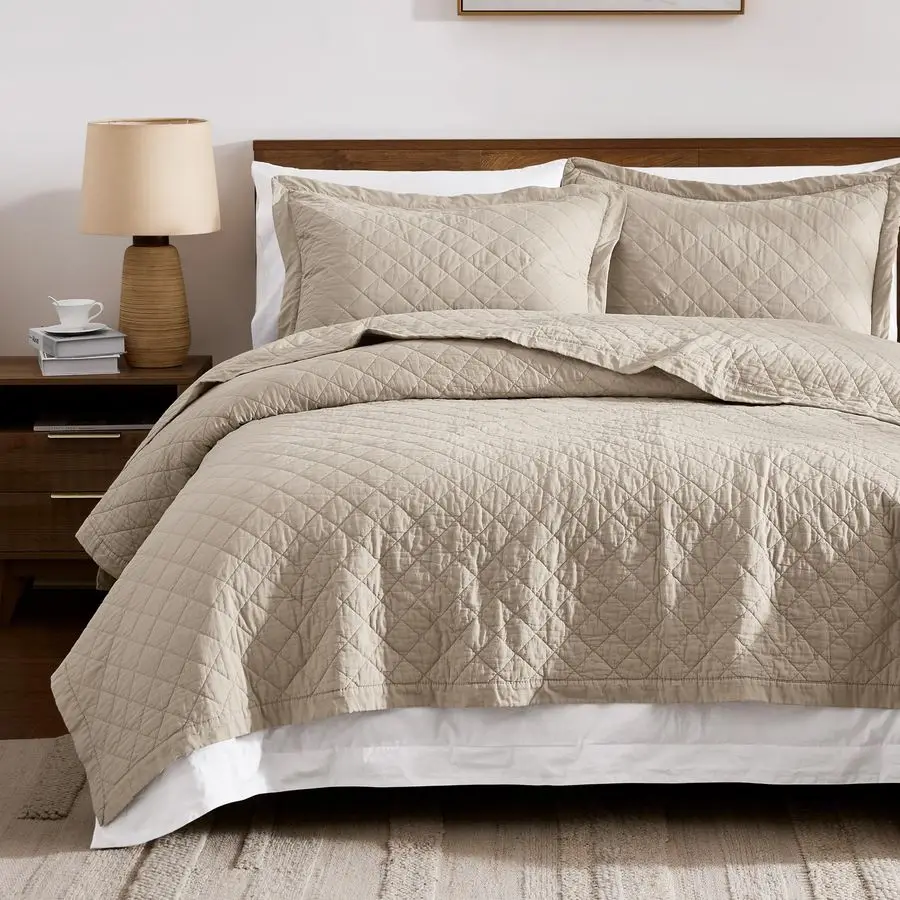 

Комплект из 100 предварительно выстиранных хлопковых покрывал размера King Size, бежевый, нейтральный, с оборками, мягкий, легкий, текстурированный, как лен, в стиле фермерского дома