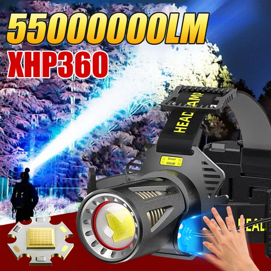 

55000000LM XHP360 Powerful Headlight Rechargeable LED Front Lamp Motion Sensor Work Light Fishing Lantern For Outdoor Camping