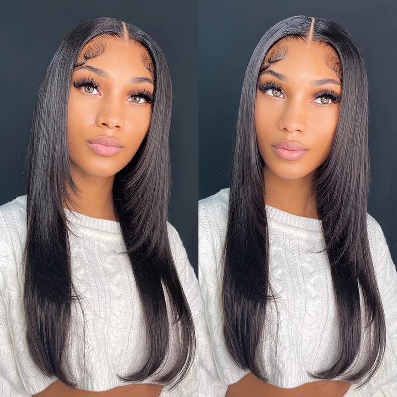 Human Hair Straight Layers Multi-Color Highlight Bob T Part Lace Front Wigs