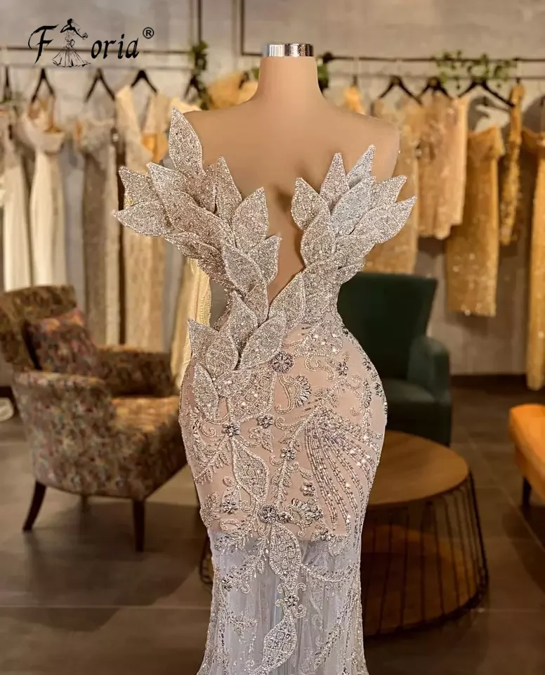 Wspaniałe suknie wieczorowe Dubai Mermaid Formal Evening Dresses Beads 3D Appliques Ivory Party Gowns Arabic Formal Prom Dress 2024 Robe De Soiree