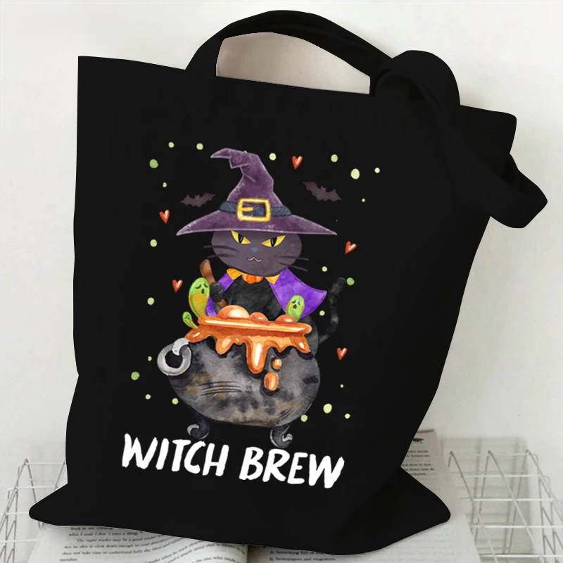 Halloween Witch Cat Tote Bag Gothic Black Cat Shopper Halloween Party Gift Shopping Bag Spooky Season Funny Animal Women Handbag