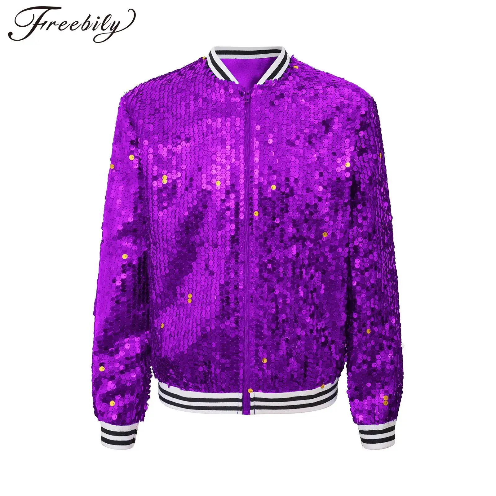 

Women Sparkly Sequin Baseball Jackets Long Sleeve Zip Up Coat Striped Trim Outerwear Hip Hop Jazz Dancing Party Bomber Jacket