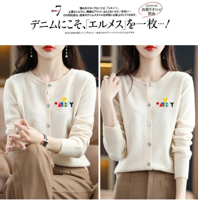 Fashion Long Sleeve 100% Pure Merino Sweaters Wool Spring Autumn Cashmere Women Knitted O-Neck Top Cardigan Clothing Tops