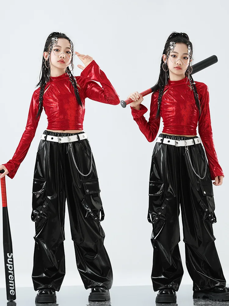 Kids Street Dance Clothing Girls Hip Hop Outfits Red Tops Black Pants Jazz Performance Clothes Group Competition Wear