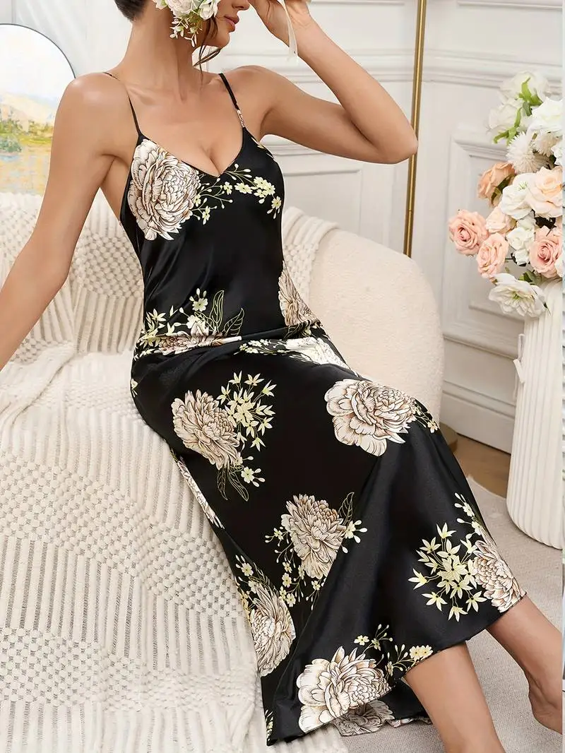 

Sexy Floral Print Silky Nightgown Luxury Satin V-Neck Spaghetti Strap Slip Dress Smooth Touch Fit Women's Nightdress Nightshirt