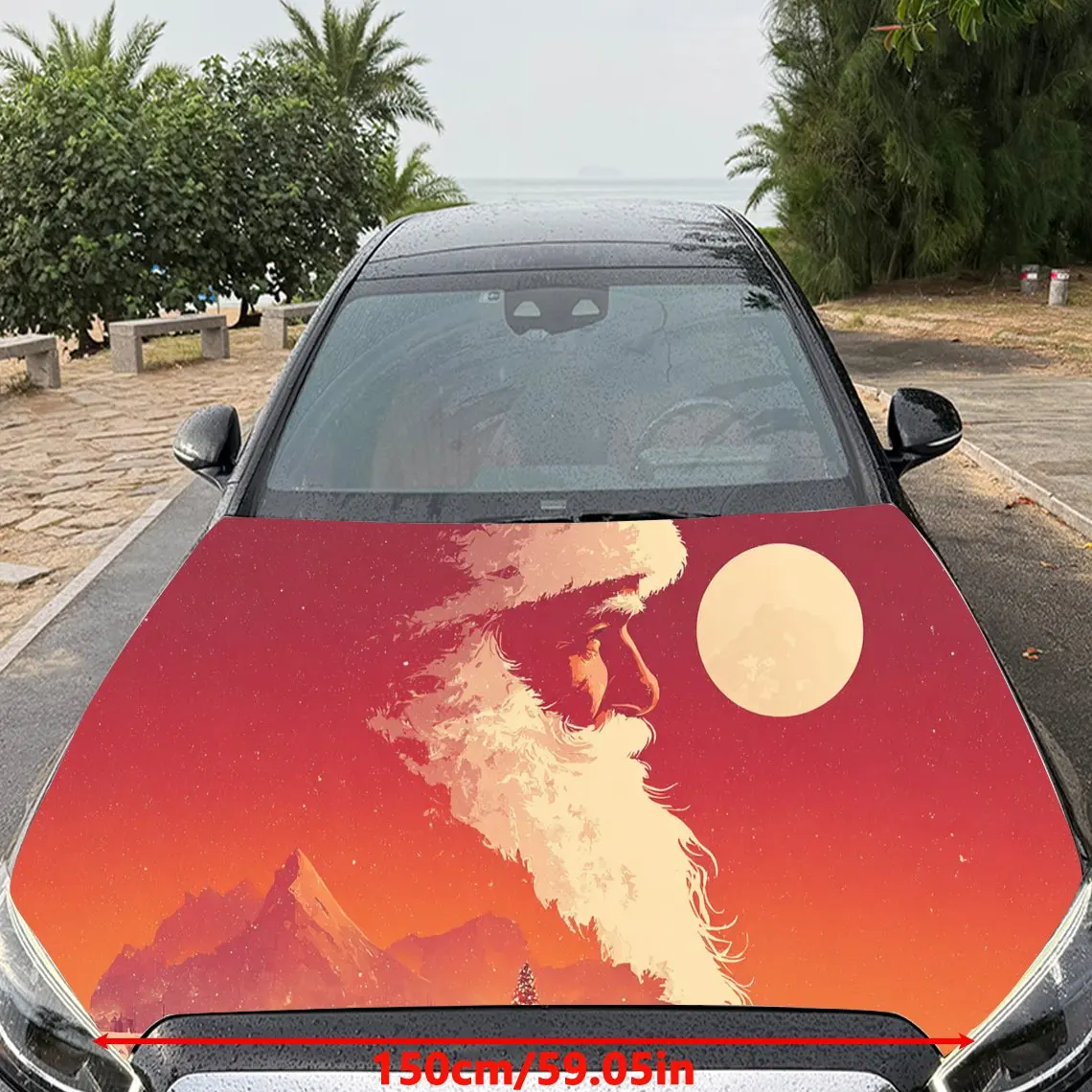 Cheerful Santa Claus and Moon Car Hood Sticker, Waterproof Self-adhesive Vehicle Vinyl Wraps Decal, Trendy Auto Exterior Decorat