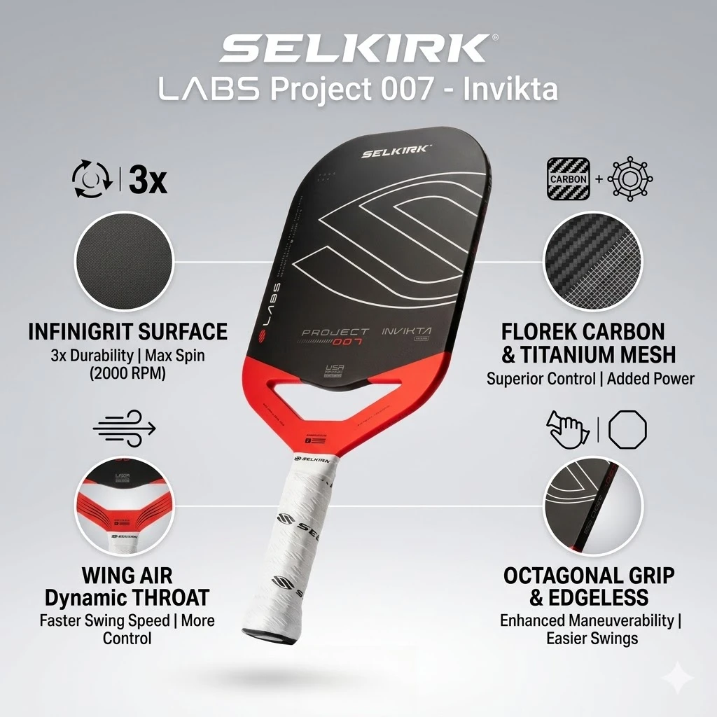 

Профессиональная ракетка для пиклбола Selkirk Project 007 Invikta с титановой сеткой и карбоновым волокном, без кромки, для тренировок, обеспечивающая высокую мощность вращения