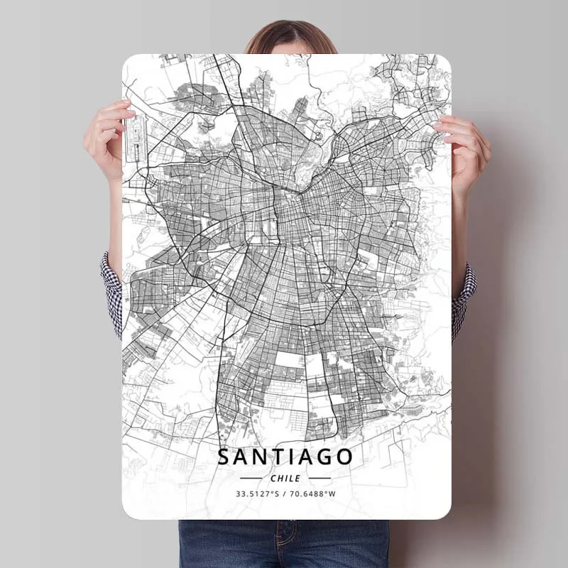 Santiago Chile Map Metal Poster Gamer Room Decoration Metal Tin Sign Plaque for Wall Art Decoration Home Decor Art of Murals